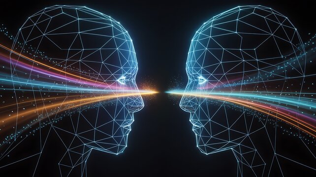 Wireframe heads sending light beams.