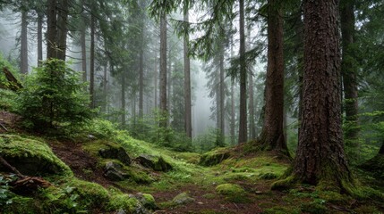 Obraz premium Tall trees create a serene atmosphere in a dense forest. The ground is covered with vibrant moss and ferns. Light fog enhances the tranquil setting, perfect for a peaceful walk.