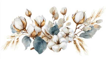 Delicate cotton flowers in soft whites and muted blues are intertwined with leaves, creating a serene floral arrangement, ideal for decor or botanical inspiration.