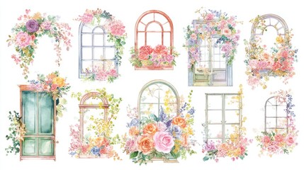 Vibrant floral arrangements surround different styles of windows, showcasing colorful roses and greenery ideal for springtime decoration. Perfect for inspiration and design ideas.