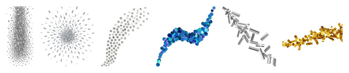 Obraz premium Metallic confetti and glitter set including silver rectangles, stars, blue circles, and gold shapes isolated. Festive celebration elements.