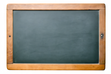 Empty wooden framed blackboard with chalk dust isolated on a transparent background