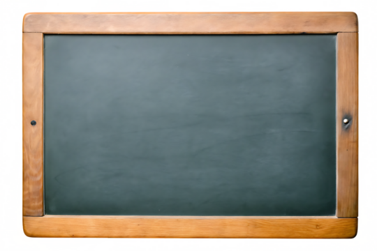 Empty wooden framed blackboard with chalk dust isolated on a transparent background