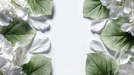 White petals and green leaves frame