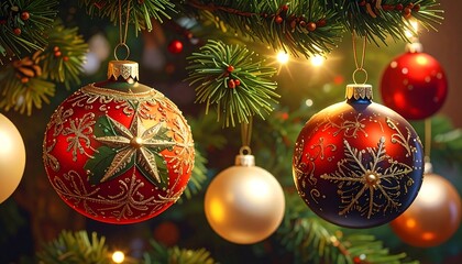 Fototapeta premium Ornate Christmas ornaments, showcasing festive colors and intricate designs, are hung on a Christmas tree, bathed in warm, inviting light.