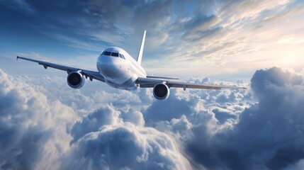Obraz premium A sleek airplane glides smoothly through a sea of soft white clouds on a sunny day. Bright sunlight illuminates the sky, creating a serene atmosphere.