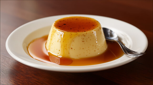 白い皿のプリンと広がるカラメルソースの光