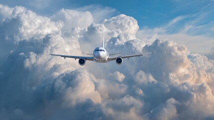 A passenger aircraft flies smoothly through a landscape of soft, white clouds illuminated by the warm glow of a sunset. The sky features vibrant hues blending together as day transitions into night.