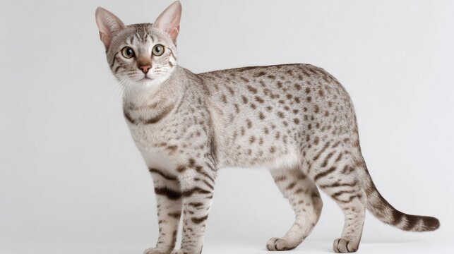 A silver-spotted cat stands gracefully against a plain background. Its striking pattern and alert expression highlight its playful personality and elegance.