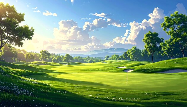 A picturesque golf course unfolds under a vibrant, sunny sky, showcasing lush green fairways and scenic landscapes.