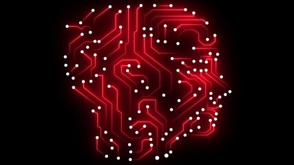 Abstract digital brain circuitry glowing red on black background representing artificial intelligence and neural networks - Powered by Adobe