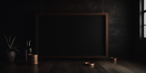 Dark Room With Wooden Wall And Floor And Blank Frame Keywords: dark, room, interior, wooden