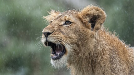 Obraz premium A young lion cub lets out a roar while standing in a lush environment, with drops of rain reflecting in its fur. The scene showcases the wild beauty of nature.