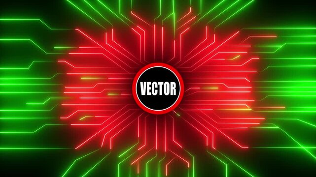 Dynamic neon circuit board animation with central vector graphic and glowing lines representing data flow and technology