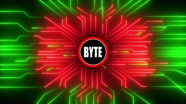 Dynamic neon circuit board animation with central byte logo and futuristic data flow visuals