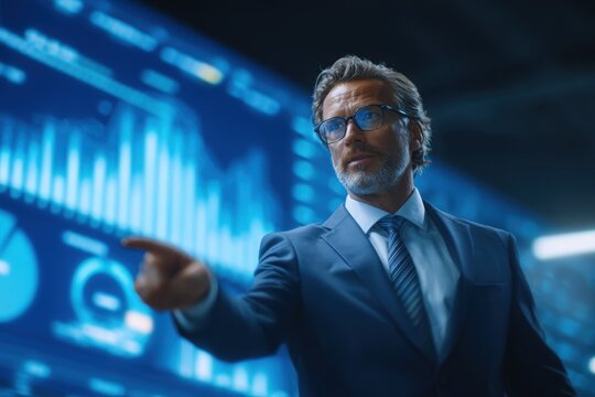 A businessman in a suit examines financial graphs on a digital screen in a modern office. He points at the data, showcasing his engagement in a financial analysis process.