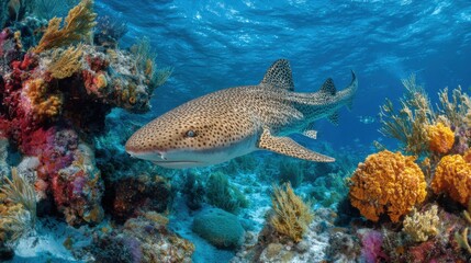 Obraz premium A leopard shark glides gracefully through clear blue waters, surrounded by colorful coral reefs.