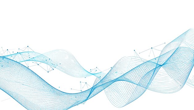 Abstract design with light blue, interconnected lines and dots, creating flowing, wavy patterns on a white background.