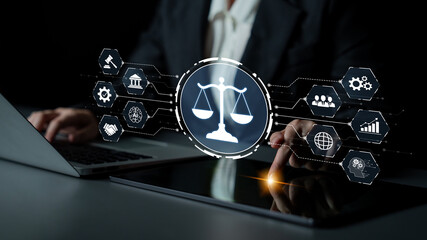 Futuristic digital law interface displaying justice scale, highlighting digital law, AI compliance,...
