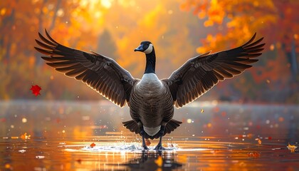 Majestic Canada Goose Taking Flight in Autumnal Landscape