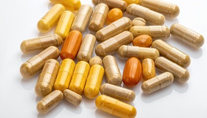 A scattered pile of translucent capsules in varying shades of yellow, orange, and beige, showcasing herbal or dietary supplements on a reflective white surface