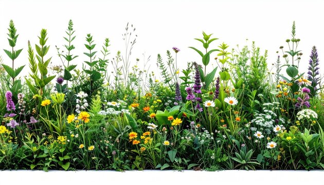Vibrant wildflower meadow with diverse blooms and foliage against a stark white background, showcasing a profusion of colors and textures - Powered by Adobe