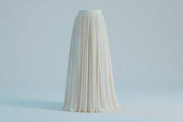 This pleated skirt features a flowing design in a soft, light color. The fabric drapes elegantly, creating a graceful silhouette that stands out against the calm blue backdrop.