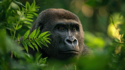 Fototapeta premium A large gorilla sits among dense green foliage, with warm sunlight filtering through the leaves, creating a serene atmosphere in its natural habitat.