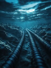Underwater cables stretch along the ocean floor in a serene, blue-lit environment during a calm day in the deep sea