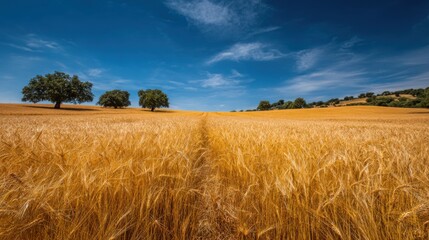 Obraz premium Vast golden wheat field stretches across the landscape, dotted with a few green trees under a bright blue sky. Nature displays its beauty in this tranquil rural setting.