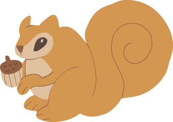 A cute squirrel is holding a acorn nut in its mouth