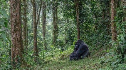 A large gorilla is resting quietly in a dense forest surrounded by tall trees and vibrant greenery. The tranquil atmosphere highlights the beauty of nature during early morning.