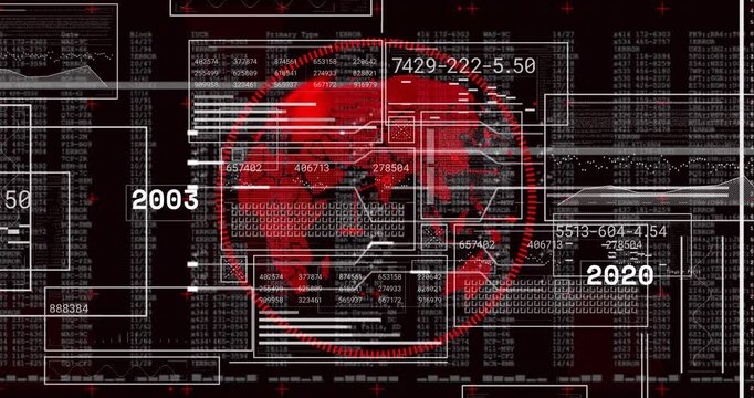 Opening with red globe on code field, panels sliding, grids updating, ring pulsing mapping history