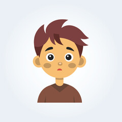 A cartoon character illustration of a boy has a confused face with a maroon shirt