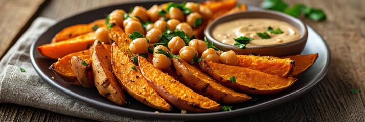 Savory roasted sweet potato wedges served with chickpeas and a creamy sauce on a rustic wooden table