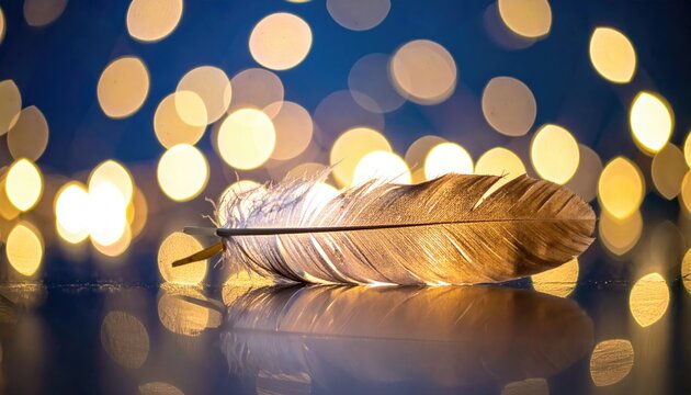 A single, light-grey feather rests on a reflective surface, illuminated and subtly backlit by warm-toned bokeh lights