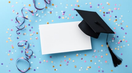 A graduation cap rests on a blank card among an array of colorful confetti and curling ribbon. This festive arrangement sets the tone for celebrating a significant educational achievement.
