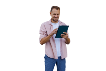 Young man smiling and using digital tablet, browsing online content, enjoying modern technology, transparent background