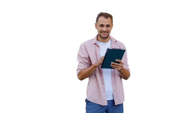 Man smiling using digital tablet for modern technology, online business, and communication, transparent background - Powered by Adobe