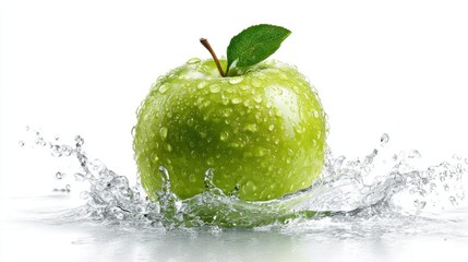 A vibrant green apple with droplets of water splashes into a pool, creating ripples around it. The bright background enhances the freshness of the fruit, showcasing its glossy surface.