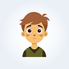 A cartoon character illustration of a boy has a confused face with a dark green shirt
