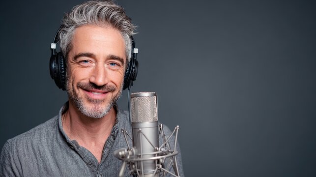 Smiling mature man with headphones recording voiceover with professional microphone in studio