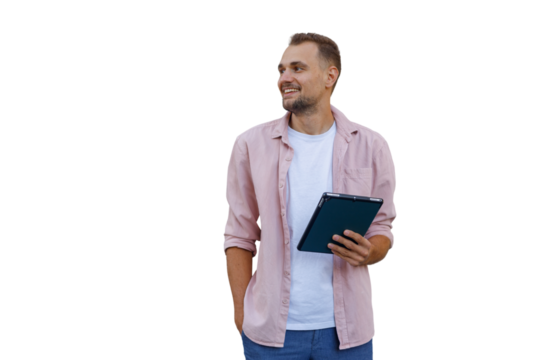 Young man holding a digital tablet smiling and looking away, presenting a concept with transparent background