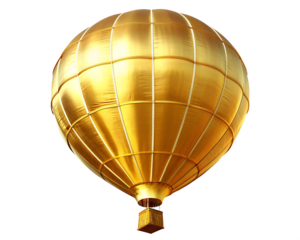 Glossy golden hot air balloon with basket isolated on a transparent background metallic