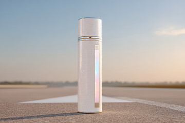 thermos cup with holographic temperature indicator sits elegantly in morning light