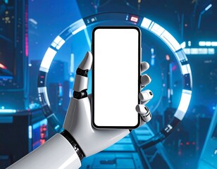 A robotic hand holds a smartphone displaying a blank screen against a futuristic server room backdrop.