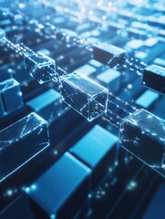 Digital representation of blockchain technology with interconnected blocks illuminating the screen in a futuristic environment