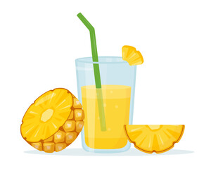 Fresh Pineapple juice in glass and pieces of pineapples. Diet vitamin juice or smoothie. Detox fruit cocktail for healthy dieting. Vector illustration isolated on white background.