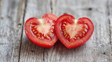 Heart-shaped tomato halves sit on a rustic wooden surface, highlighting their bright red color and distinctive seeds. Perfect for adding a touch of love to any dish.