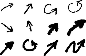 Hand-drawn arrow set in sketch style with diverse directions and shapes. Expressive black ink illustrations perfect for design projects, annotations, or artistic layouts.